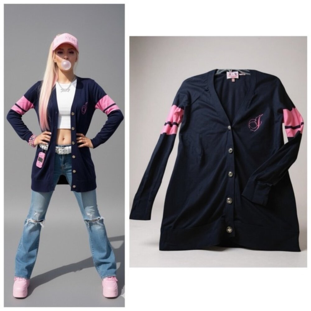 JUICY COUTURE Y2K Cotton Cardigan Knit Sweater Top Tunic Logo Preppy Varsity